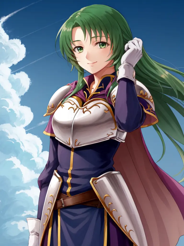 <lora:Cecilia_FE-10:0.9>, cecilia fe, 1girl, solo, smile, gloves, dress, sky, elbow gloves, belt, cloud, white gloves, cape, armor, tree, shoulder armor, pauldrons, breastplate, armored dress, purple cape