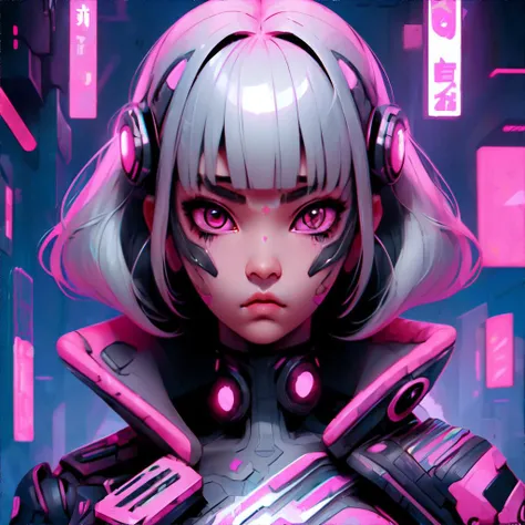 <lora:cybergo:0.8>, saibo, cyberpunk, 1girl, pink blunt bangs, silver eyes, :o expression, masterpiece, 8k, high resolution, shallow depth of field, sharp focus