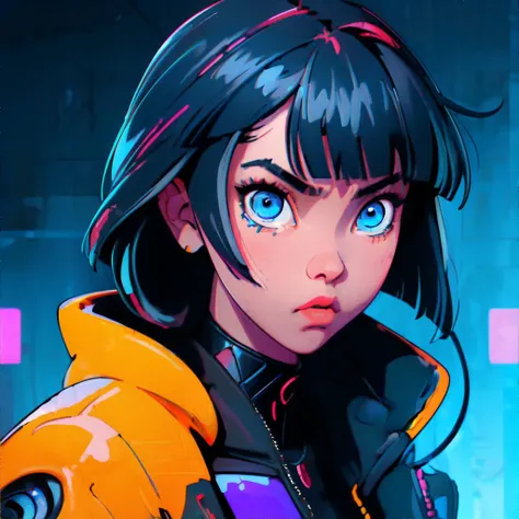 <lora:cybergo:0.8>, saibo, cyberpunk, 1girl, yellow asymmetrical bangs, blue eyes, speaking, talking, masterpiece, 8k, high resolution, shallow depth of field, sharp focus