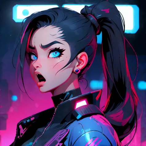 <lora:cybergo:0.8>, saibo, cyberpunk, 1girl, black folded ponytail, blue eyes, open mouth expression, masterpiece, 8k, high resolution, shallow depth of field, sharp focus