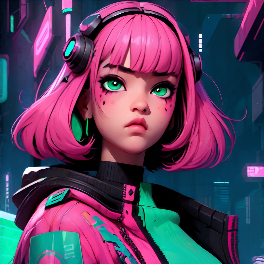 A woman with pink hair and headphones in a cyber city - SeaArt AI