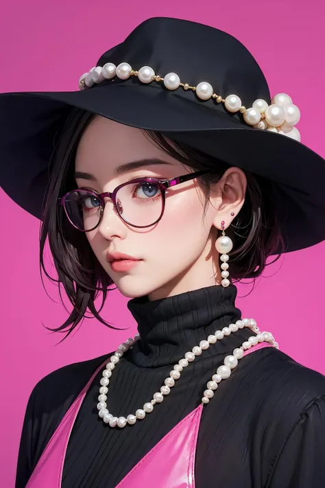 masterpiece,best quality,<lora:Saibogo:0.8>,1man,saibo,cyberpunk,hat,earrings,glasses,simple background,magenta background,pearls and jewels,