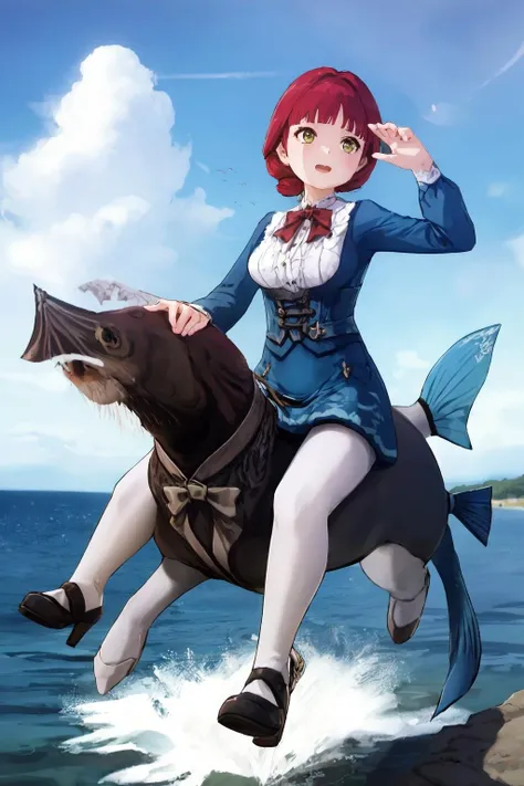 masterpiece, best quality, <lora:Genshin_NPC_Linorea_v3-000300:0.9>, 1girl, (riding a giant fish:1.5), full body, happy, smiling, ocean, french town, blue bow, blue dress, black boots, high heels, long sleeves, medium breasts, parted blunt bangs, red bowtie, red hair, single hair bun, braided bun, long skirt, (white pantyhose:1.5), yellow-green eyes, open mouth,