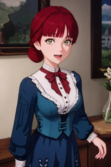 masterpiece, best quality, <lora:Genshin_NPC_Linorea_v3-000300:0.9>, 1girl, standing, upper body, closeup, portrait, (carrying a fishbowl), smiling, french town, blue bow, blue dress, black boots, high heels, long sleeves, medium breasts, parted blunt bangs, red bowtie, red hair, single braided bun, long skirt, (white pantyhose:1.2), yellow-green eyes, open mouth,