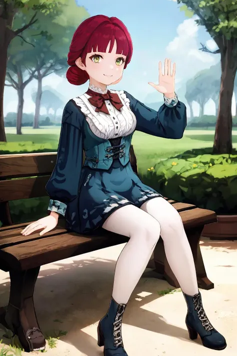 masterpiece, best quality, <lora:Genshin_NPC_Linorea_v3-000300:0.9>, 1girl, sitting on a bench, full body, waving, smiling, french town, blue bow, blue dress, black boots, high heels, long sleeves, medium breasts, parted blunt bangs, red bowtie, red hair, single braided bun, long skirt, white pantyhose, yellow-green eyes