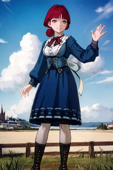 masterpiece, best quality, <lora:Genshin_NPC_Linorea_v3-000300:0.9>, 1girl, standing, full body, waving, smiling, french town, blue bow, blue dress, black boots, high heels, long sleeves, medium breasts, parted blunt bangs, red bowtie, red hair, single braided bun, long skirt, white pantyhose, yellow-green eyes