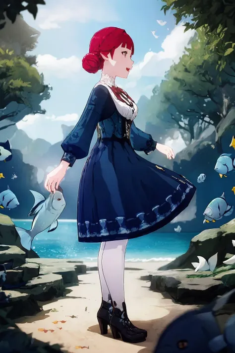 masterpiece, best quality, <lora:Genshin_NPC_Linorea_v3-000300:0.9>, 1girl, (surrounded by fish:1.5), full body, dancing, happy, smiling, ocean, french town, blue bow, blue dress, black boots, high heels, long sleeves, medium breasts, parted blunt bangs, red bowtie, red hair, single hair bun, braided bun, long skirt, (white pantyhose:1.5), yellow-green eyes, open mouth, <lora:Concept - School of Fish_v1.1:0.6:lbw=MIDD>, reef-fish, gold-fish, koi-fish, dolphin-fish, shark-fish, whale-fish, side view, profile,