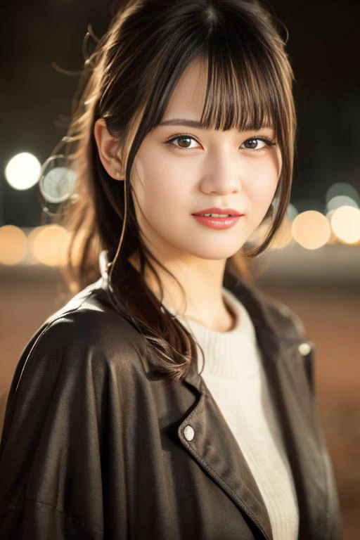 1girl,(wearing a sweater and long jacket:1.2),(RAW photo, best quality), (realistic, photo-realistic:1.4), masterpiece, an extremely delicate and beautiful, extremely detailed, 2k wallpaper, Amazing, finely detail, extremely detailed CG unity 8k wallpaper, ultra-detailed, highres, soft light, beautiful detailed girl, extremely detailed eyes and face, beautiful detailed nose, beautiful detailed eyes,cinematic lighting,city lights at night,autumn scenery,maple leaves in autumn,in a park,park light,perfect anatomy,slender body,smiling <lora:takamatsuhitomi_lora:0.8>