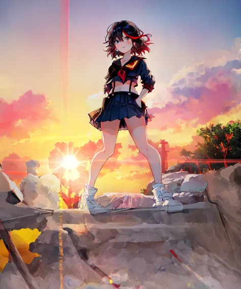 masterpiece, best quality, ultra-detailed, illustration,bandaid,matoi_ryuuko:1.3, bandaid_on_face,1girl,black_hair,injury,bandaid_on_leg,bandages,bandaid_on_nose,suspenders,multicolored_hair,bruise,skirt,bandage_on_face,short_hair,red_hair,serafuku,streaked_hair,midriff,bandaid_on_knee,senketsu,solo,pleated_skirt,full body, hand on hip,sun set:2,ocean:2,depth of field, cloudy sky, view at the back, Kamakura,handrail, water reflection