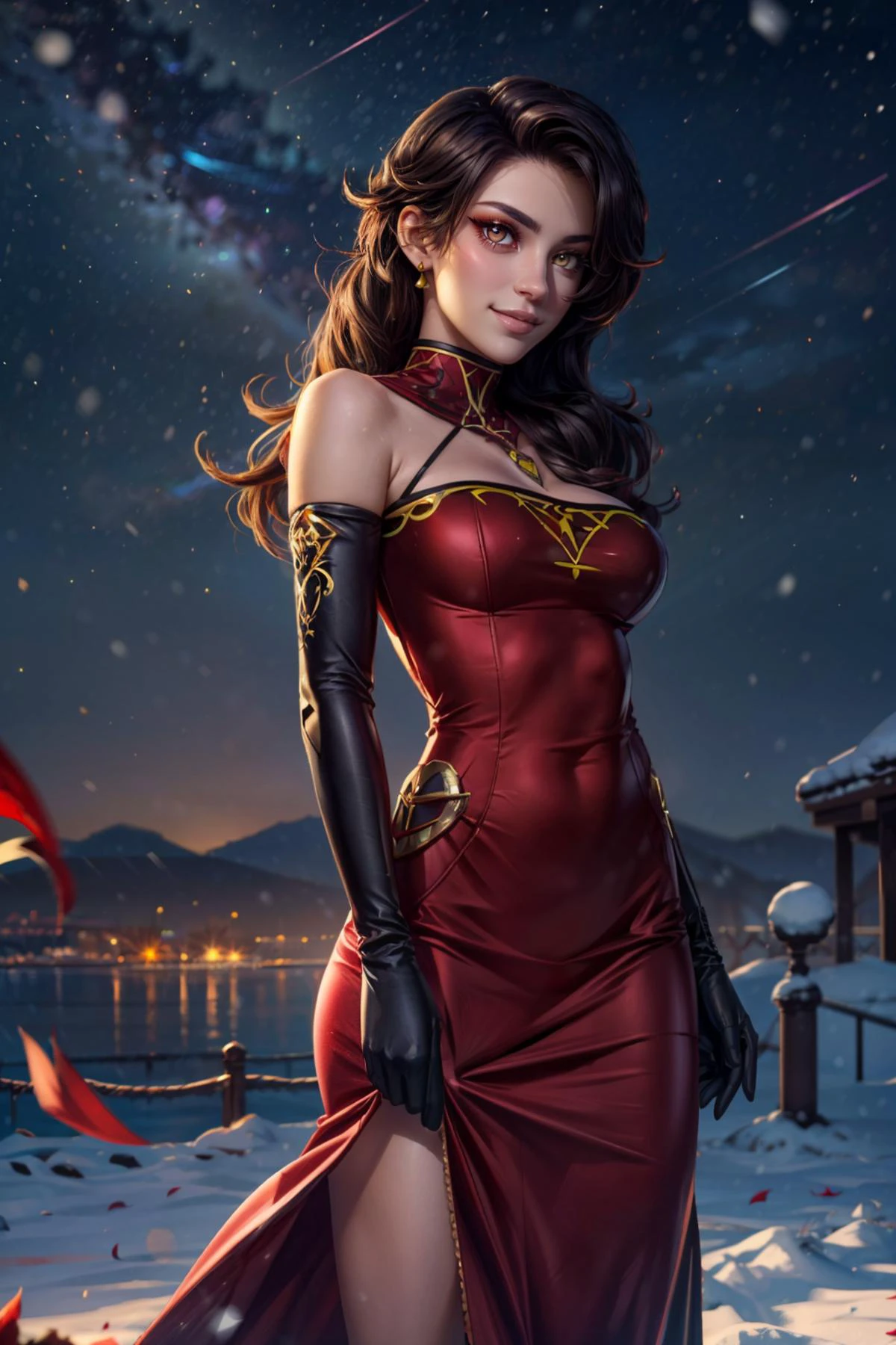 (ultra realistic,32k, masterpiece:1.2),(high detailed skin:1.1),( high quality:1.1), <lora:IllyasvielVonEinzbern_v1:0.7>, zzIllya, looking at viewer, night, outdoors, snowing, sky, BREAK, <lora:rwby_cinder-10:0.7>, 1girl, amber eyes, cinder fall, evil smile, looking at viewer, long hair, red dress, elbow gloves BREAK, blooming stars, luminescent petals, otherworldly fragrance blurry background, (looking at viewer, standing:1.1), huge breast, large breast, <lora:add_detail:0.92>, (glowwave:1.1),