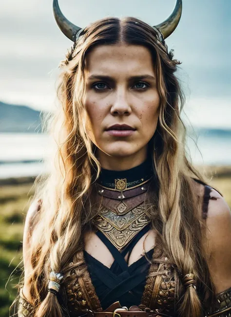 analog style, modelshoot style, A stunning intricate full color portrait of (35 years old sks woman:1) as (viking warrior woman), (barbarian), epic character composition, by ilya kuvshinov, alessio albi, nina masic, sharp focus, natural lighting, subsurface scattering, f2, 35mm, film grain, <lora:locon_millie_v1_from_v2_64_32:1.3>