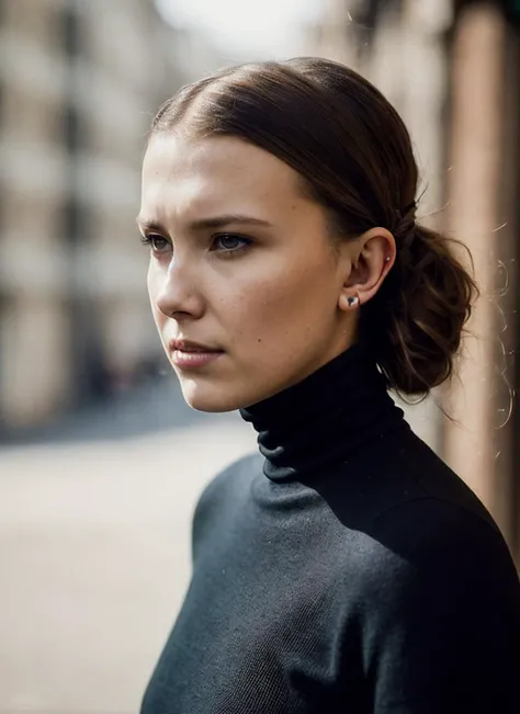 A stunning intricate full color portrait of (sks woman:1),wearing a black turtleneck, epic character composition, by ilya kuvshinov, alessio albi, nina masic, sharp focus, natural lighting, subsurface scattering, f2, 35mm, film grain, <lora:locon_millie_v1_from_v2_64_32:1.3>