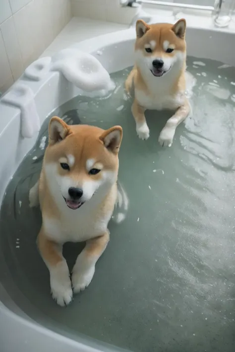 photo of 1shiba, shiba, centred, <lora:shiba_v1:0.8>, in the BATH, bubble bath, lots of bubbles, high quality photograph, bokeh, gobo light, rim light, volumetric light, shallow depth of field, analog, kodachrome, slight smile, <lora:Bath:0.75>, no human