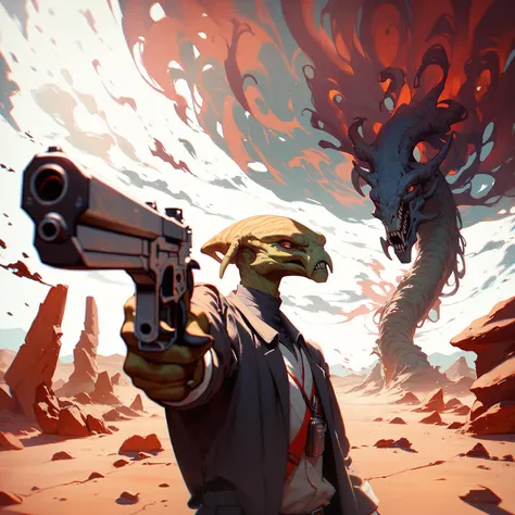 score_9, score_8_up, score_7_up, score_6_up, dark red alien, right pistol, outside desert, alien outpost, cinematic, high contrast, evil atmosphere, light rays, dust, haze, smoke <lora:plrd-pistol:1.1>