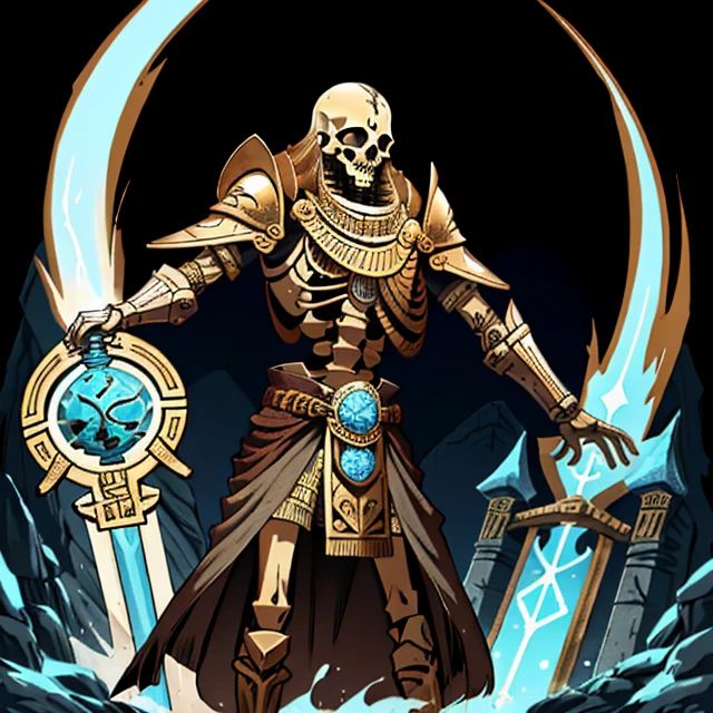 skeleton, looking up, solo, (full body:0.6), detailed face, (<lora:DwemerTech:0.7> dwemertech, ancient theme:1.1) ruler, flowing hair, ancient white tunic, laurel, copper accessories, egyptian mythology, Alexandria, oasis, egyptian obelisk, scarab beetle, bronze age, (flourishing civilization:1.1), stone archways, mediterranean landscape, river in background, brazier, aura of light, epic atmosphere, <lora:RPGSkeleton:1> skeleton,