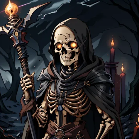 skeleton, solo, half shot, looking at viewer, detailed background, detailed face, (<lyco:DecorationBundlev2:0.6> EbonyGoldAI theme:1.1) sad, otherworldly glowing eyes, emissary of death, hooded, dynamic pose, reaper, scythe, rot, dark shadows, cold, underworld, dead forest in background, dark clouds, candlelight, eerie dark atmosphere, <lora:RPGSkeleton:1> skeleton,