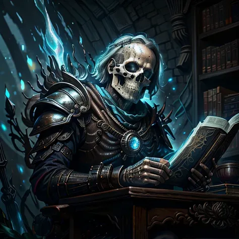 skeleton, portrait, solo, (full body:0.6), looking at viewer, detailed background, detailed face, intricate details, (<lora:CyberPunkAI:0.6>, CyberpunkAI theme:1.1) scholar sitting at desk, simple clothes, writing, smiling, clutter, surrounded by papers, notes, swirling magical symbols, magic texts, runes, ledger, cryptic device, magic aura, floating magical symbols, magic emerging from text, (style-swirlmagic:1.0), ancient magic, knowledge, discovery, archive in background, filtered light, mysterious atmosphere, <lora:RPGSkeleton:1> cinematic lighting, depth of field, bokeh, realism, photorealistic, hyperrealism, professional photography, uhd, dslr, hdr