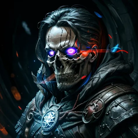 skeleton with red glowing lights in eye sockets, looking at viewer, solo, (full body:0.6), detailed background, close up, (0.5::evil doctor strange theme:1.1), superhero, aggressive expression, dynamic pose, outer space, stars, planets, comets, galaxy, flying, battle scene, epic cinematic atmosphere, <lora:RPGSkeleton:1> cinematic lighting, depth of field, bokeh, realism, photorealistic, hyperrealism, professional photography, uhd, dslr, hdr