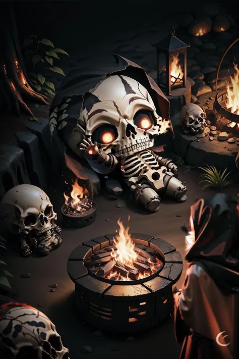<lora:QiqiFallen:0.4> QiqiFallen, chibi, on back, <lora:RPGSkeleton:0.8> skeleton, fire pit, (blush), ((waving hand)), raising hand <lora:Melina:0.7> Melina, cloak, hooded cloak, boots, hood up,