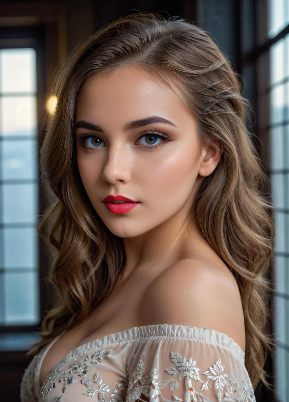 <lora:Summer_Busty_and_Petite_Mix_V3:0.58>Summer, ite girl, large breasts, light brown hair, HDR photo of beautiful young woman, from behind, looking over her shoulder, perfect eyes, highly detailed beautiful expressive eyes, detailed eyes, fair complexion, light makeup, light colored lipstick, gorgeous off the shoulder blouse, standing in a very dark room, large windows in the background . High dynamic range, vivid, rich details, clear shadows and highlights, realistic, intense, enhanced contrast, highly detailed