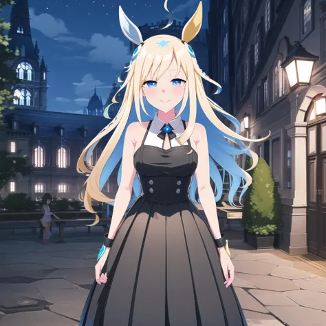 high quality, best quality, masterpiece, absurdres, neo universe, black_dress, 1girl, <lora:universe-000010:0.85>, solo, ballroom, looking_at_viewer, smile, blush, night