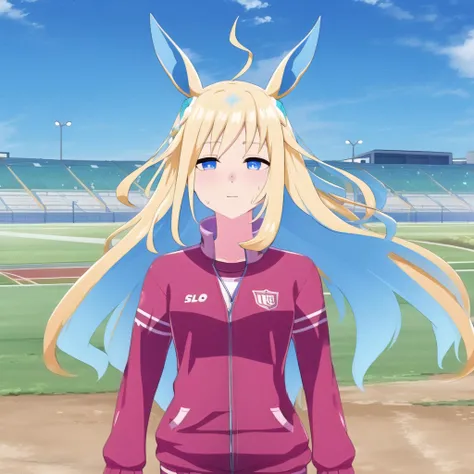 high quality, best quality, masterpiece, absurdres, neo universe, tracen_track_uniform, 1girl, <lora:neo-000008:0.85>, solo, field, sweat