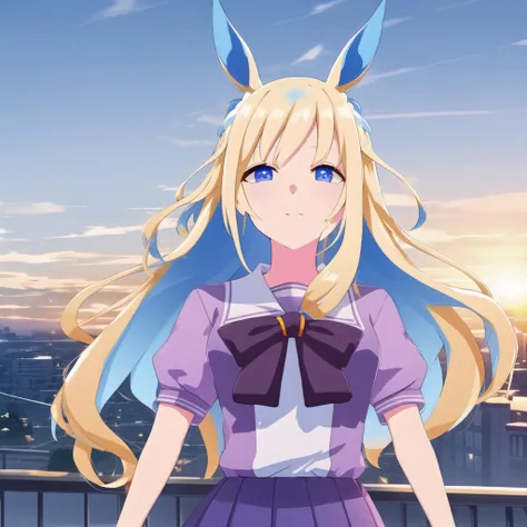 high quality, best quality, masterpiece, absurdres, neo universe, tracen_school_uniform, 1girl, <lora:neo-000008:0.85>, solo, rooftop, sunset