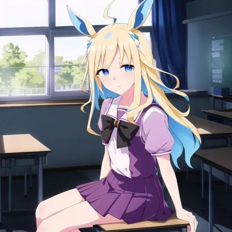 high quality, best quality, masterpiece, absurdres, neo universe, tracen_school_uniform, 1girl, <lora:neo-000008:0.85>, solo, classroom, evening, sitting