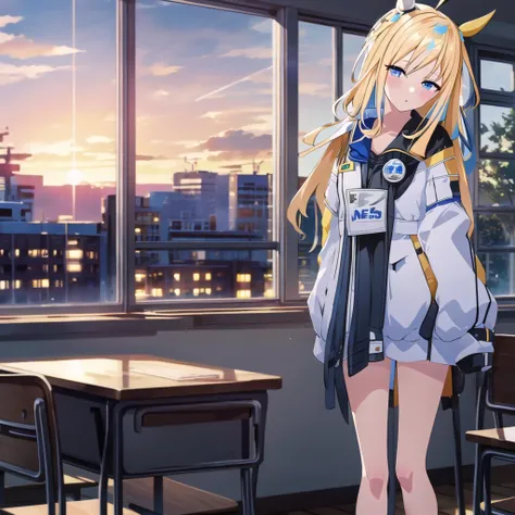 high quality, best quality, masterpiece, absurdres, neo universe, shobofuku, 1girl, <lora:neo-000002:0.85>, solo, classroom, sunset