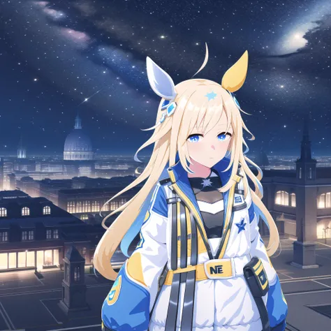 high quality, best quality, masterpiece, absurdres, neo universe, shobofuku, 1girl, <lora:universe-000010:0.85>, solo, rooftop, night, night_sky, starry_sky, galaxy