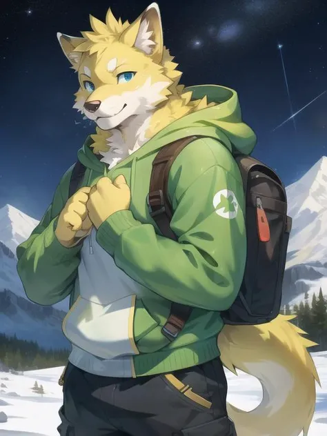 anime, coloredic0n icon Masterpieces, furry, male, bara, yellow wolf, blue eyes, sturdy, solo, detailed eyes, (looks horny):1.3, cute, kemono, by (by Pino Daeni, (by ruaidri), yupa, kiyosan), (tight green hoodie), ((avatar)), (((half body))), (((yellow fur))), ((at snowy mountain, at starry night)), large chest, ((yellow hands)), carrying a backpack