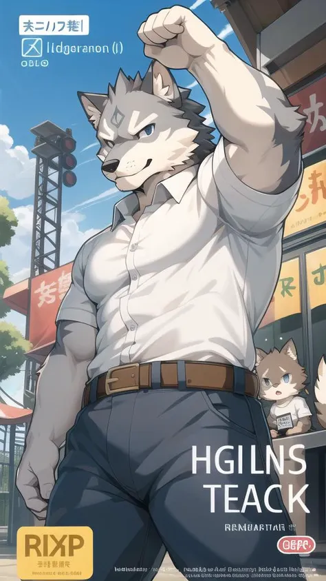 HDR, extend color spectrum, 4K, realistic shading, light particles, high resolution, best quality, anime, coloredic0n icon Masterpieces, furry, male, bara, sturdy, grey wolf, indigo eyes, solo, empty eyes, (looks serious):1.3, cute, kemono, ((tight white office shirt,  trousers with belt)), ((avatar)), ((head only)), (grey fur), at crowded amusement park, dynamic pose, (((cover art))), ((grey hands)), little hair, clean head, fur, chibi, 5 digits, (icon), (English cover title) <lora:empty_eyes:1>