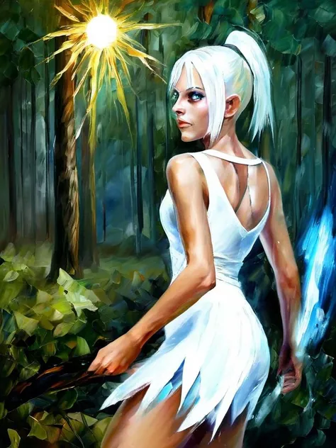 chiaroscuro,masterpiece,35 years old girl,bob cut, white hair,long twin tails,blue eyes,big elf ears,long elf ears,dead eyes,eyes in shade,light in pupils,detailed eyes,murderous stare,smirk,thick brows, wide face,skinny, flat chest, small breasts, muscular thighs, barefoot,(defined abs:0.8), muscular arms
BREAK white tank top,white mini skirt
BREAK (fullbody:1.4), sun particles in air,
BREAK (standing:1.4),
BREAK outdoors, forest,spiders
BREAK dream,dreamy,surreal
BREAK contrast, light from left,dark, sharp focus, five fingers, full body
BREAK traditional media,oil painting
<lora:afremov_v1:1>
