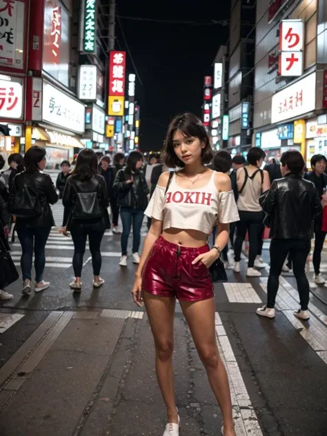 80's photo, girl wearing a cropped top and short shorts, tokyo street at night