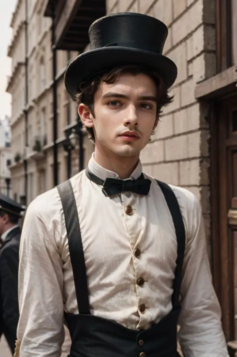 Film scene Photo a portrait curi, natural and hyperdetailed photography, a man 19 years old,in amazing site, in london 1870s, very accurate photo, suspiria, clothes of 1870s, (male focus:1), pale skin,(many details),(slim:1),mistery look, top-hat style Jack the Ripper clothes,