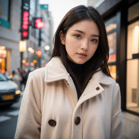 masterpiece, realistic, best quality, beauty girl in city, hloding bag, looking at viewer, winter clothes, cute, solo, brown hair, brown eyes, depth of field, night, realistic, porses,skin detail, acne, detail eyes, (masterpiece,best quality:1.5)