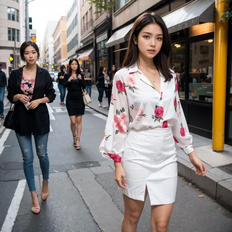 Portrait of a beautiful woman with dark hair, gray eyes, open floral Shirt, on the street.