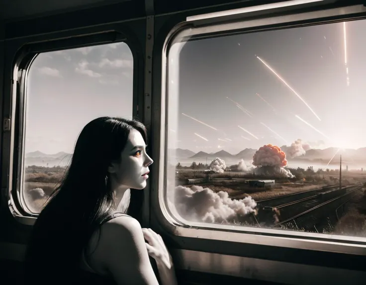 three cornered window, back of head shot of (woman looking out of triangle window:1.1), 3rd person, Looking out the triangular window of a (train:1.1) with triangular windows, triangular windows and triangular, wheels,  in a fantasy world, 
psychedelic, geometric, vivid light, high contrast, triadic colors, dark shadows,  explosions, nuclear mushroom cloud, nuclear explosion, dystopian nightmare, 
(beautiful composition),
21 yo woman,