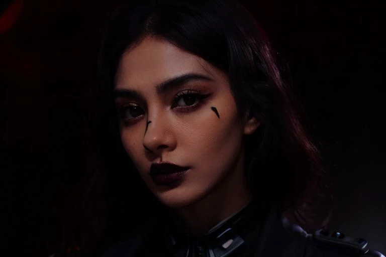 demon, tomboy, ultra realistic close up portrait ((beautiful cyberpunk female with heavy black eyeliner)), black eyes, shaved side haircut, portrait of bloodyface, blood on face, bleeding, epic, blood dripping, bloodyface, blood, bleeding, bokeh, hyper detail, cinematic lighting, magic neon, dark red city, Canon EOS R3, nikon, f/1.4, ISO 200, 1/160s, 8K, RAW, unedited, symmetrical balance, (smile:0.4), <lora:add_detail:1> <lora:LowRA:0.5> <lora:ArabWomenFawziV2_Lightweight:0.6>, spotlight, silhouette, ,simple background, dark background,<lora:spotlight-0:0.7>, <lora:Dark skin Beauty:0.1>
