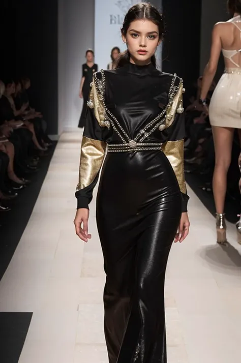 Of the model representing a new brand of the highest class of modern design of the 21st century. The DRESS should be semi - short dominated by the right BLACK and SILVER color adorned with glittering pearls of the same color, the details will be black we saw the perfect combination of the mannequin. The dress from the upper waist should be equally dominated by handwork with two - tone black beads and decorated with fine black beads, the lower part of the dress should be a deep pleat on the right side of the silhouette, perfect lines of the model to give a perfect representation of the dress on the catwalk of Paris for the autumn - winter season
