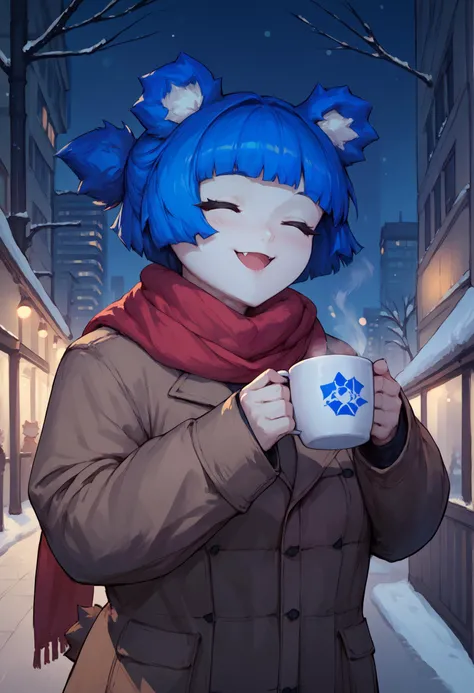 score_9, score_8_up, score_7_up, 1girl, GrisVert, animal ears, bear tail, closed eyes, blue hair, short hair, fang,
red scarf, brown jacket,
smile, blush, open mouth, holding mug, hot chocolate,
outdoors, winter, city, dark, night, upper body,
<lora:Gris-VertigrisPDXL_V1-Manityro-CAME:1.0>,