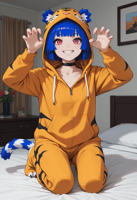 score_9, score_8_up, score_7_up, 1girl, GrisVert, animal ears, tail, magenta eyes, blue hair, short hair, medium breasts, toned, fang,
black choker, animal costume, tiger onesie, tiger print, orange onesie,
looking at viewer, smile, grin, kneeling, rawr, claw pose,  
indoors, bedroom, on bed,
<lora:Gris-VertigrisPDXL_V1-Manityro-CAME:1.0>,