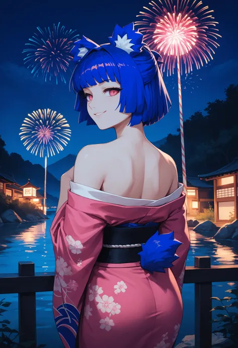 score_9, score_8_up, score_7_up, 1girl, GrisVert, animal ears, bear tail, magenta eyes, blue hair, short hair,  
pink kimono, off-shoulder kimono, 
looking at viewer, looking back, smile, smug, bedroom eyes, cowboy shot, rear view,
outdoors, night, dark, fireworks, river,
<lora:Gris-VertigrisPDXL_V1-Manityro-CAME:1.0>,