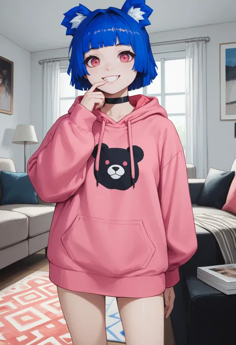 score_9, score_8_up, score_7_up, 1girl, GrisVert, animal ears, bear tail, magenta eyes, blue hair, short hair, medium breasts, toned, fang,
black choker, pink hoodie, no pants, oversized clothes, oversized hoodie, dress hoodie,
looking at viewer, smile, grin, hands to mouth, fingers to mouth,
indoors, living room, 
<lora:Gris-VertigrisPDXL_V1-Manityro-CAME:1.0>,