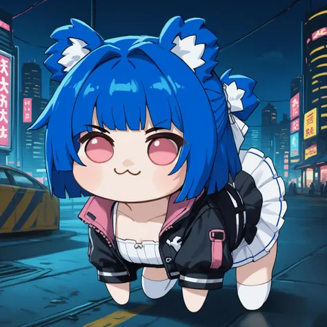 score_9, score_8_up, score_7_up, 1girl, GrisVert, animal ears, bear tail, magenta eyes, blue hair, short hair, breasts, fang,
black jacket, pink two-sided jacket, open jacket, white dress, belt,
<lora:Doro_X_PDXL_V1:1.1>, doro, creature, :3, chibi, no humans, four legs, solid circle eyes, no pupils, smug, all fours, side view,
outdoors, cyberpunk city, dark, night, futuristic, science fiction, sci-fi,
<lora:Gris-VertigrisPDXL_V1-Manityro-CAME:1.0>,