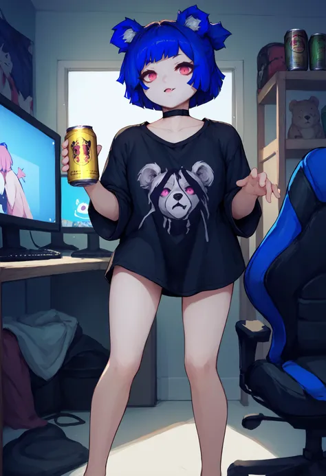 score_9, score_8_up, score_7_up, 1girl, GrisVert, animal ears, bear tail, magenta eyes, blue hair, short hair, fang,
black choker, black shirt, print shirt, shirt dress, oversized shirt, no pants, convenient censoring, 
looking at viewer, holding beer can, standing,
indoors, bedroom, gaming chair, computer, monitor, messy room,
<lora:Gris-VertigrisPDXL_V1-Manityro-CAME:1.0>,