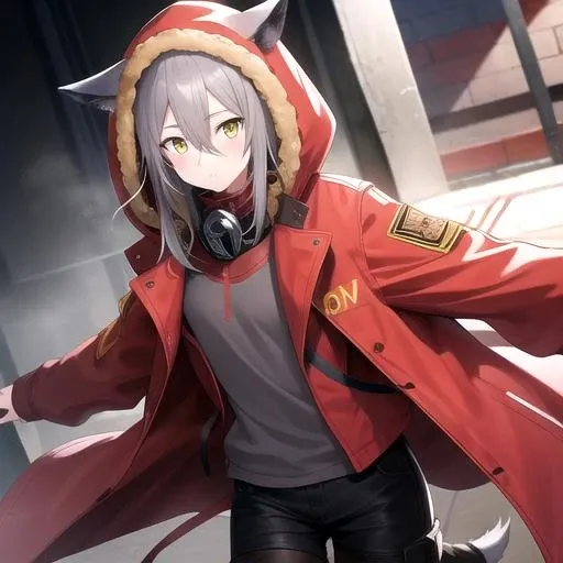 ((masterpiece)),(best quality),official art,extremely detailed CG,unity 8k wallpaper,ultra detailed,1girl,solo,cowboy shot,wolf_ears,animal_ears,grey_hair,wolf_tail,fur_trim,wolf_girl,hair_between_eyes,black_footwear,looking_at_viewer,cross-laced_footwear,black_pants,hooded_jacket,yellow_eyes,long_sleeves,red_jacket,grey_dress,red_coat,long_hair,hood_up,mask_around_neck,lace-up_boots,fur-trimmed_hood,hooded_coat,bangs,open_jacket,<lora:Red(ark)>,