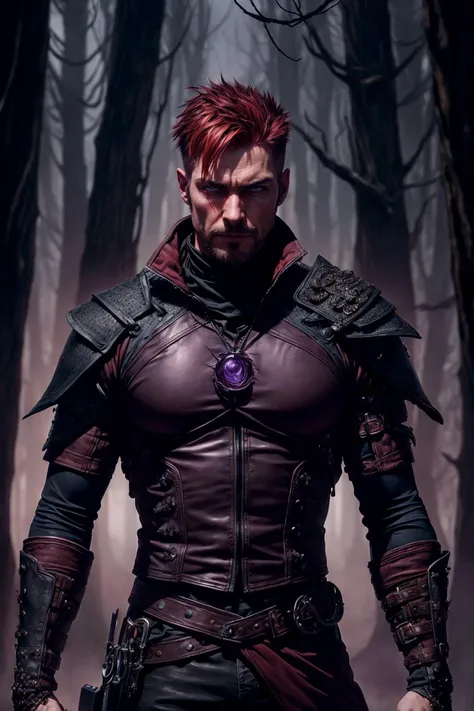 <lora:add_detail:1>
(1man, masculine adult  male:1.2),  red eyes, copper hair, fade, 
Style-GravityMagic, portrait, solo, half shot, looking away, detailed background, detailed face, (<lora:WorldofShadows:0.6>,  purple and black, worldofshadows theme:1.1), focus on eyes,  calm, witcher,  wearing  studded witcher clothes, crude, bruises,  tattered cloak belts, trinkets, witcher gear,  dynamic pose,   forest in background, misty haze,     bokeh, fantasy atmosphere,