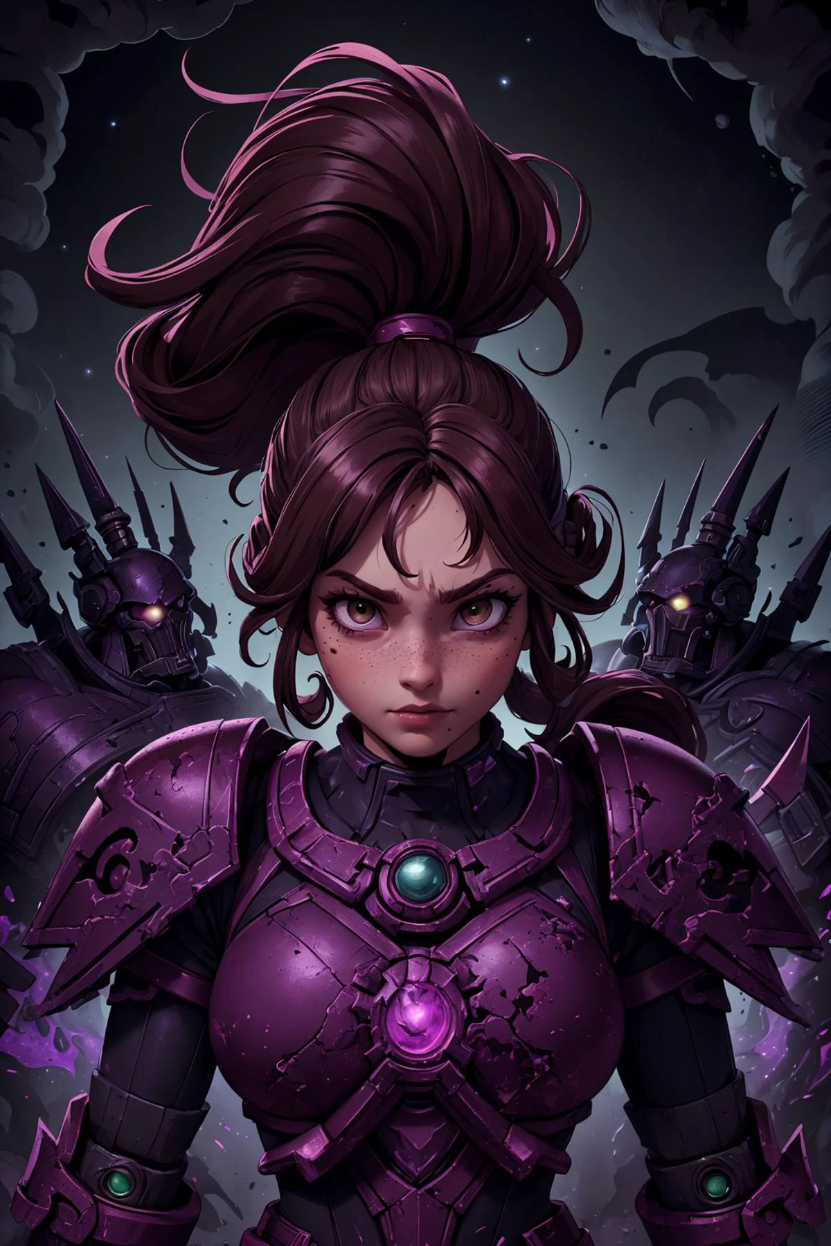 (masterpiece, best quality:1.4), best quality, high detail, (beautiful, aesthetic, perfect, delicate, intricate:1), professional lighting, slim and smooth lines, fractal art, <lora:detail_slider_v4:1.0>,
1 girl, adult (elven:0.7) woman, freckles, dark brown eyes, copper ponytail,
portrait, solo, upper body, looking away, detailed background, detailed face, (<lora:WorldofShadows:0.6>, purple and black, worldofshadows theme:1.1), warhammer 40k space marine, face, wearing light green power-armor, heavy shoulder-plates, bloodied armor, flamer weapon, skull shaped accessories, genetically enhanced, charging into battle, commander, traitorous chaos heresy, dark chaos powers, cosmic battle in background, grim-dark atmosphere,