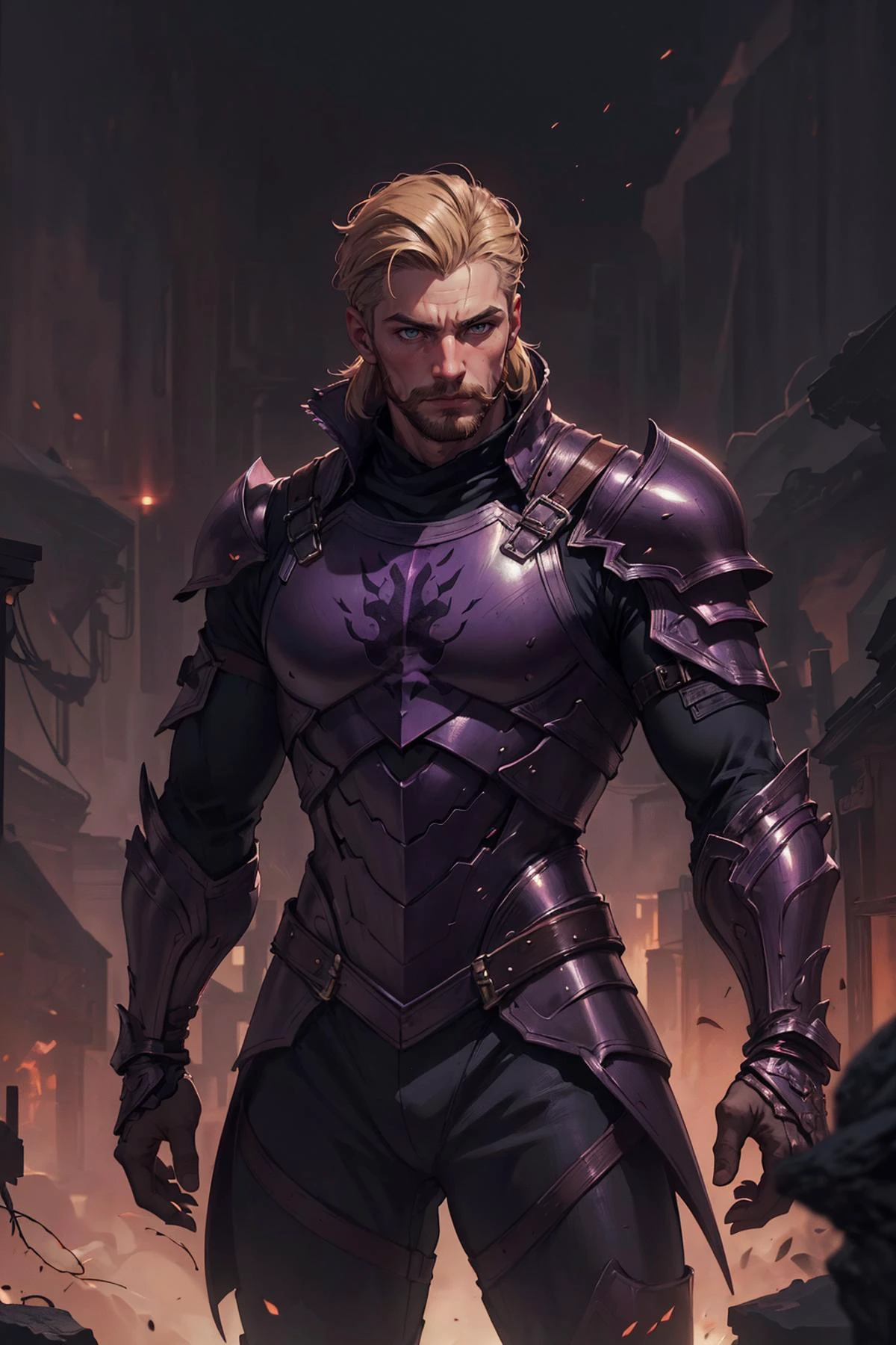 soothing tones, muted colors, high contrast, (hyperrealism, soft light, sharp), <lora:detail_slider_v4:0.8>,
(1man, muscular adult french male:1.2), coral eyes, dark blonde hair, short mustache,
<lora:GoodHands-beta2:0.8>,
portrait, solo, upper body, looking away, detailed background, detailed face, (<lora:WorldofShadows:0.4>, shadow aura, purple and black, worldofshadows theme:1.1), footsoldier, standing firm, watchful, leather armor, gauntlets, emblem, cage in background, sunrise, medieval atmosphere,